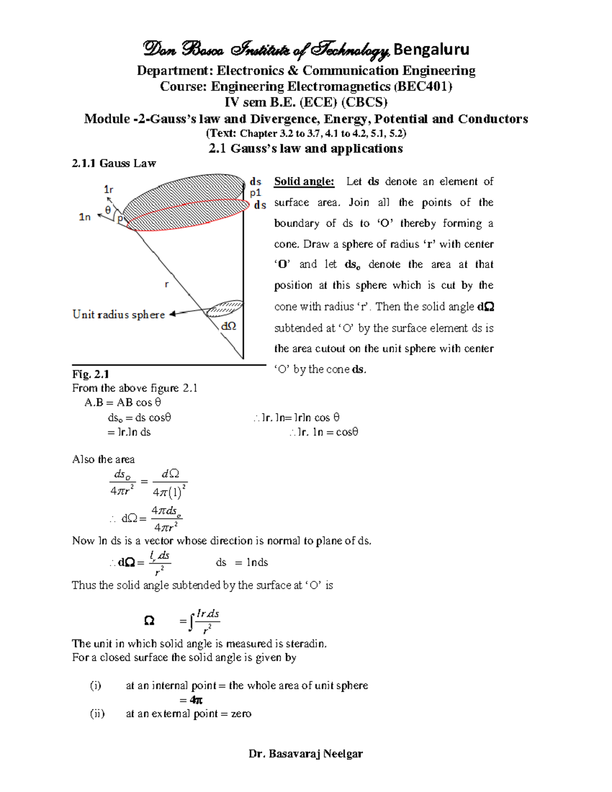 Notes on Gauss's Law and Divergence (BEC401) - Module 2 - Studocu
