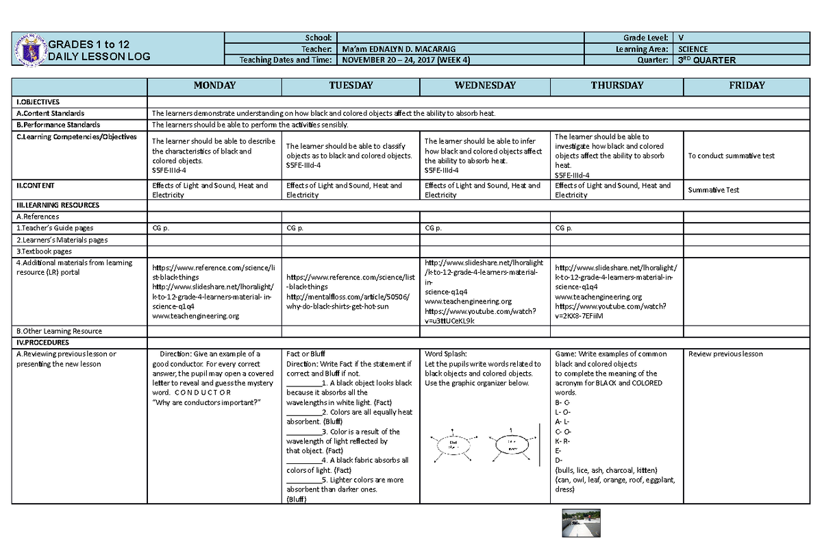 Science 5 Q3 W4 DLL - Maria Ramona O. Felix - GRADES 1 to 12 DAILY ...