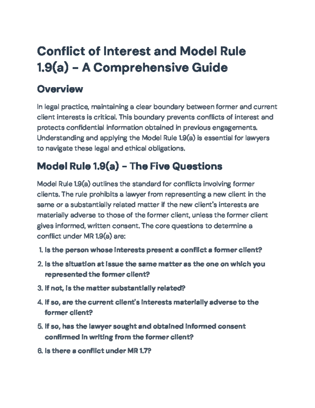 Understanding Conflicts of Interest under Model Rule 1.9(a) - A Guide ...