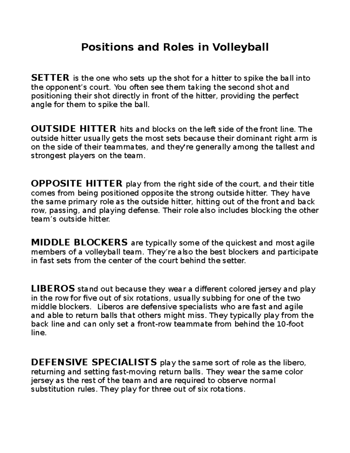 Volleyball Positions And What They Do