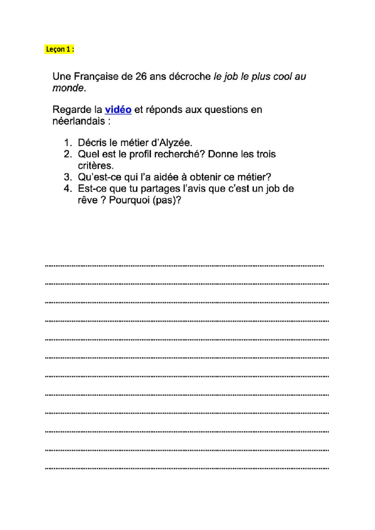 Leçon 1 : Exercices sur les métiers et l'offre d'emploi (Français ...