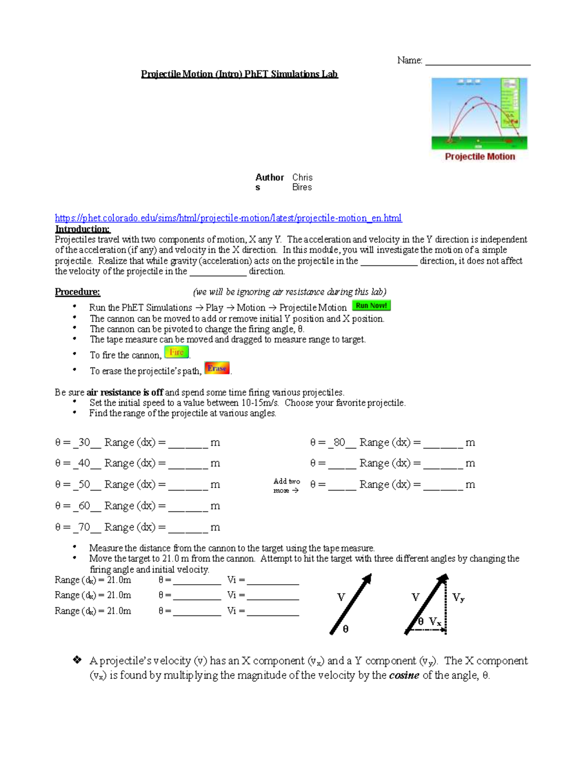 Projectile Motion Lab (Intro) - PhET Simulations - Studocu
