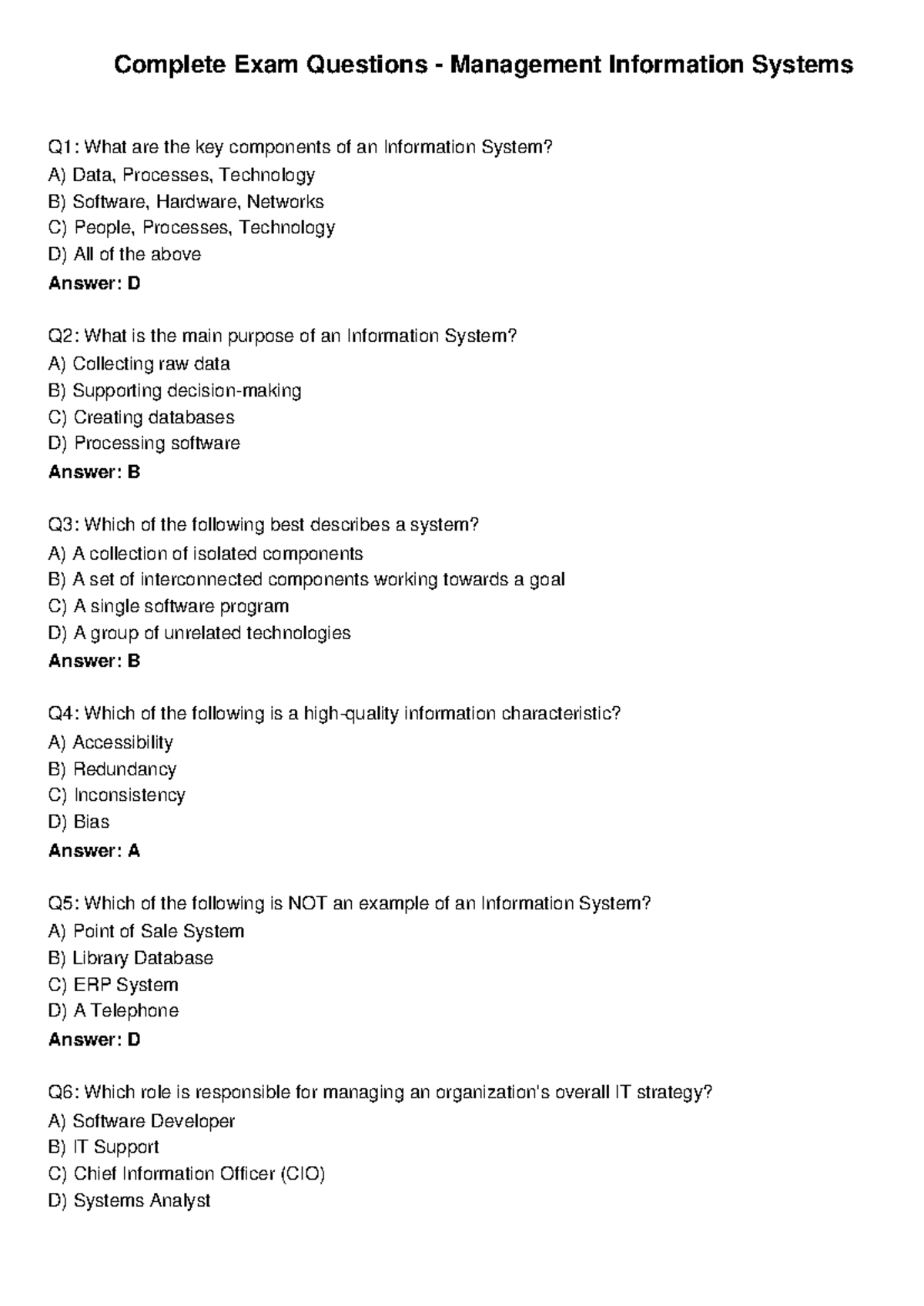 MIS 101 Final Exam Questions: Management Information Systems - Studocu