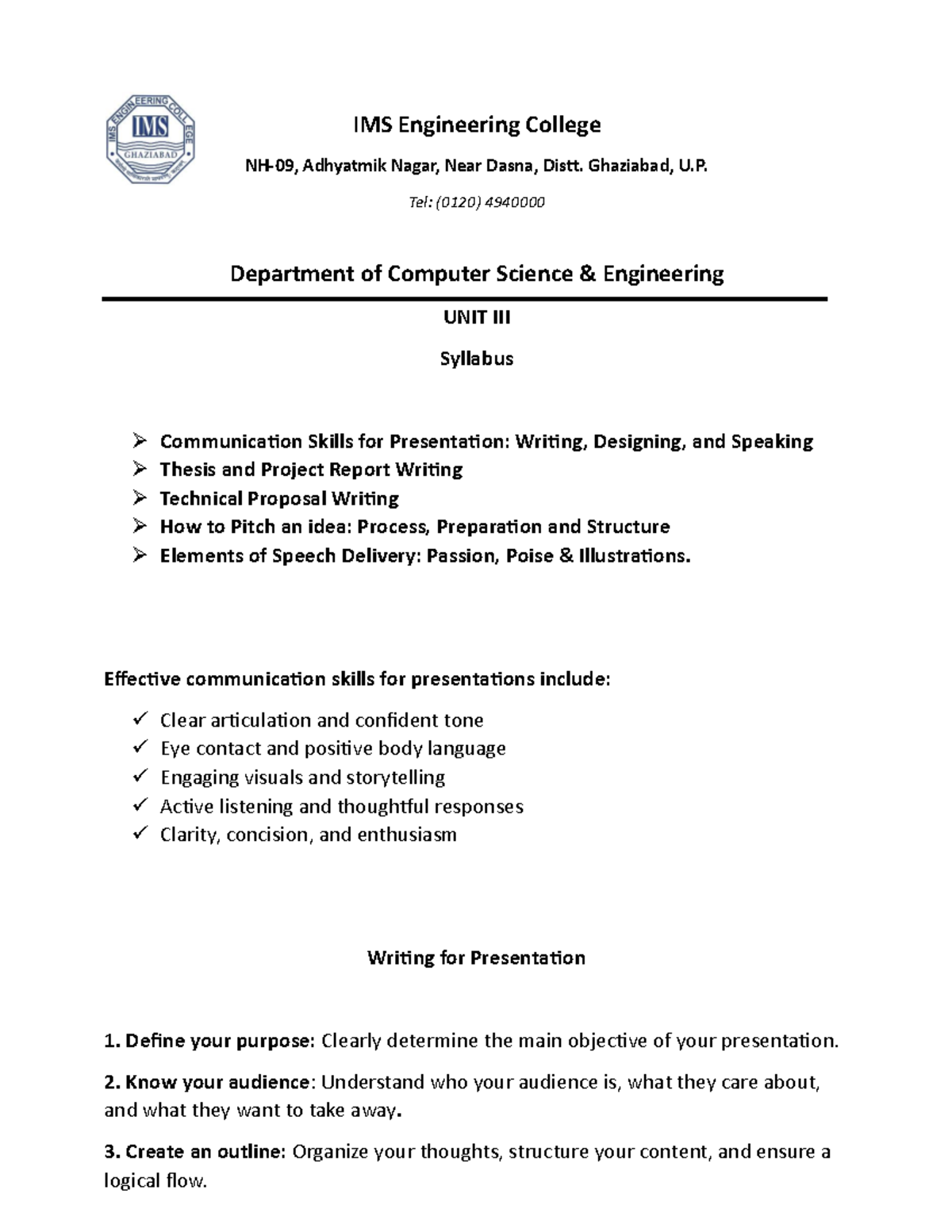 UNIT-3 Notes: Effective Communication Skills for Presentations - Studocu