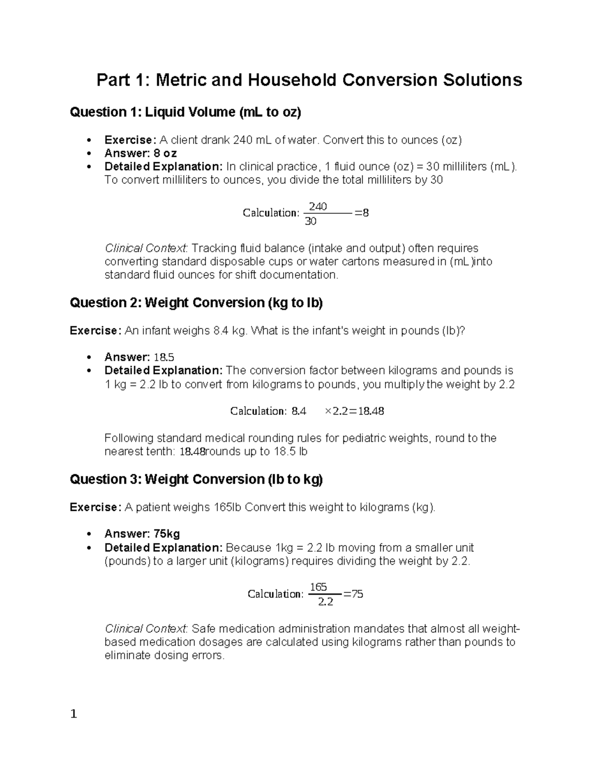 Part 1: Metric & Household Conversion Solutions for Nursing (NUR 101 ...
