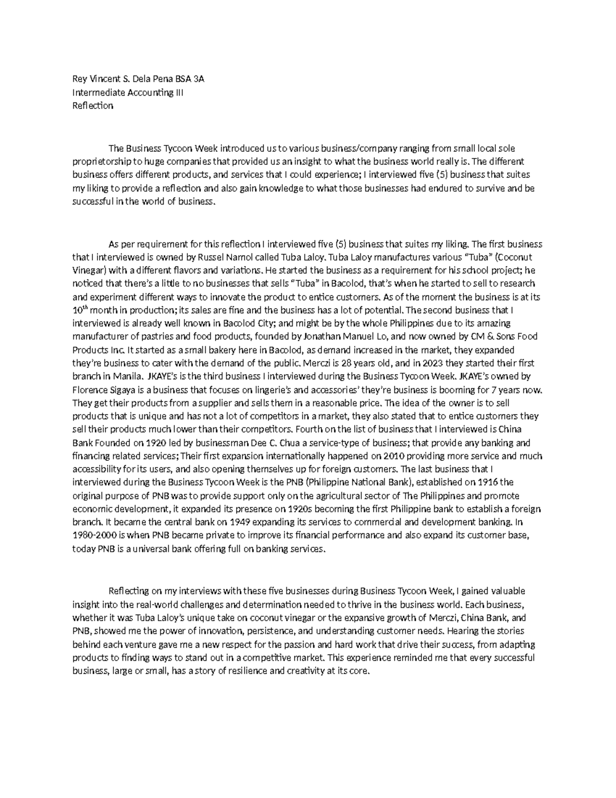BSA 3A - Reflection on Business Tycoon Week Experiences - Studocu