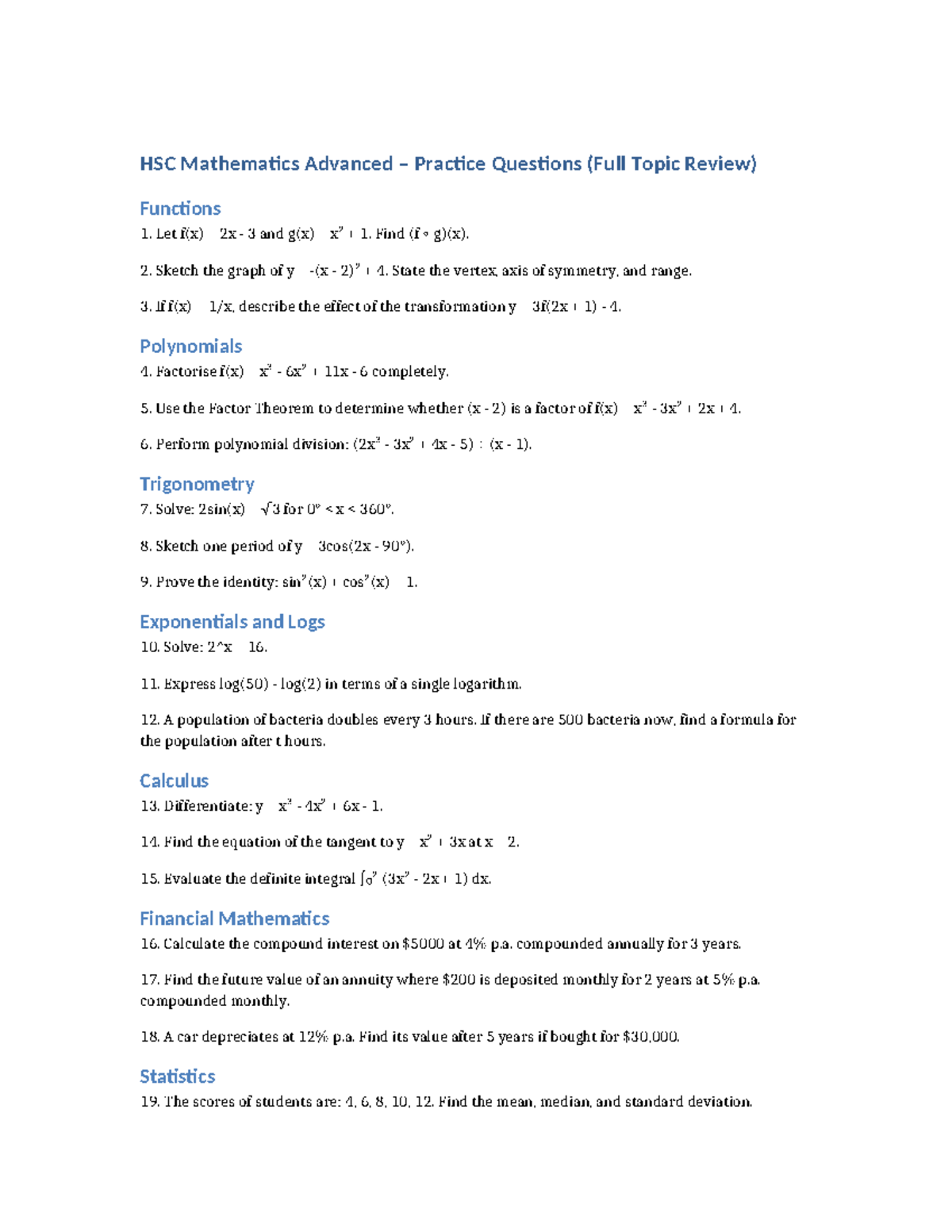 HSC Mathematics Advanced Final Exam Practice Questions - Studocu