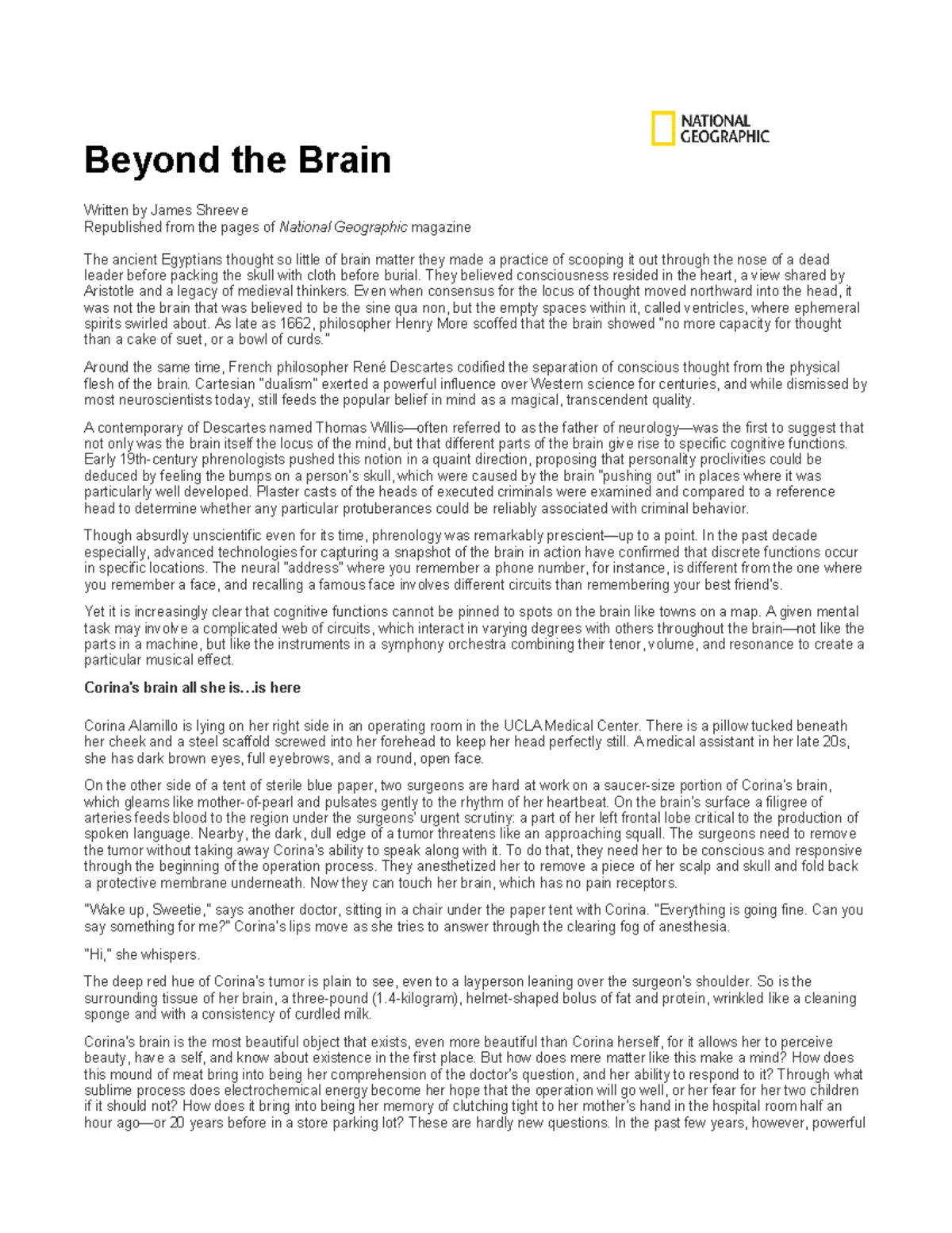 Brain Surgery and Neural Function: Corina's Case Study in Neuroscience ...