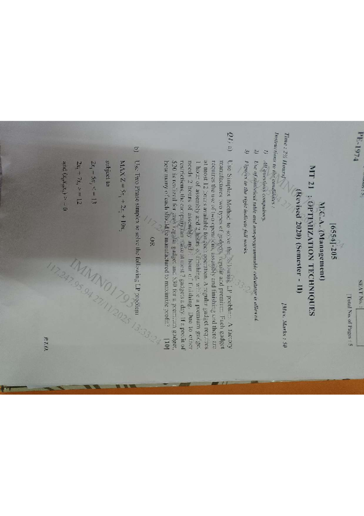 Optimization Techniques - DC M.C.A. (Management) MT 21 - Question Paper ...