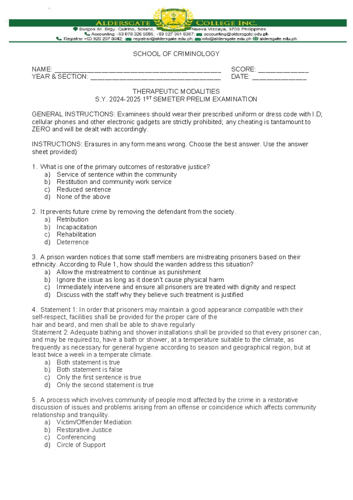 CRIM 2024 1ST SEM PRELIM EXAM: THERAPEUTIC MODALITIES - Studocu