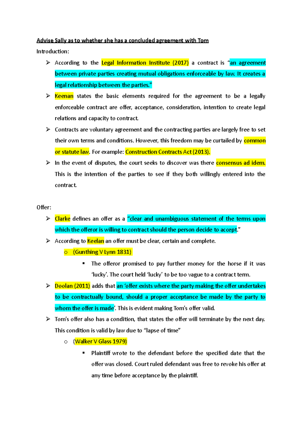 Contract Law Sample Answer - Advise Sally as to whether she has a ...