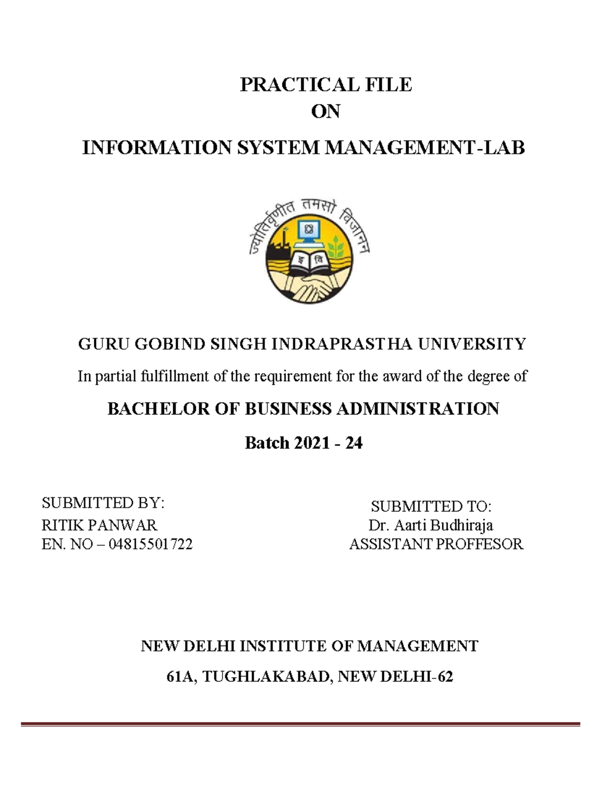ISM FILE - Information System Management File Of GGSIPU - PRACTICAL ...