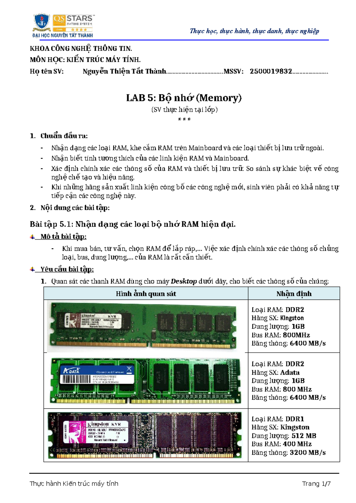 Lab 5: Bộ Nhớ RAM và Thiết Bị Lưu Trữ - KHOA CNTT - Studocu