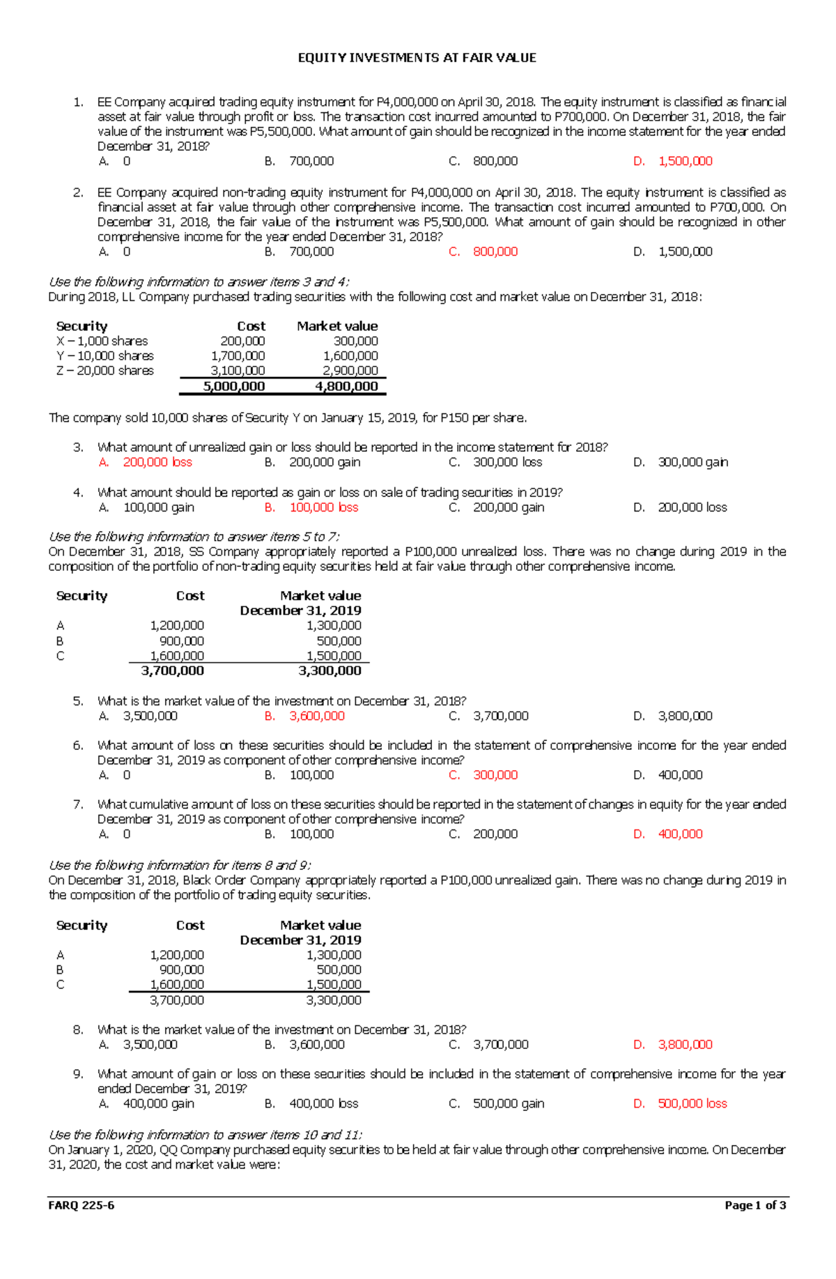 Equity Investments at Fair Value in FARQ 225-6: Discussion 1 Analysis ...