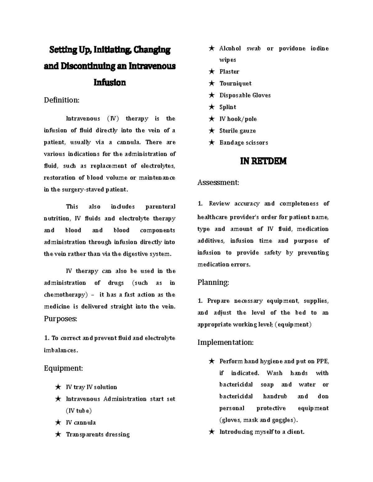 IV Infusion: Setup, Initiation, Modification & Discontinuation - Studocu