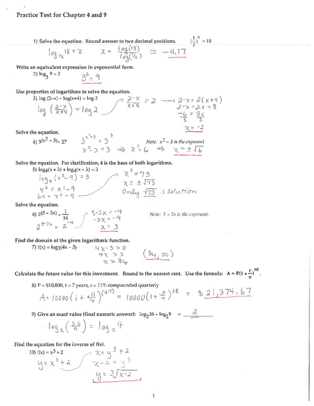 Practice Test Solutions for Chapters 4 to 9 - Studocu