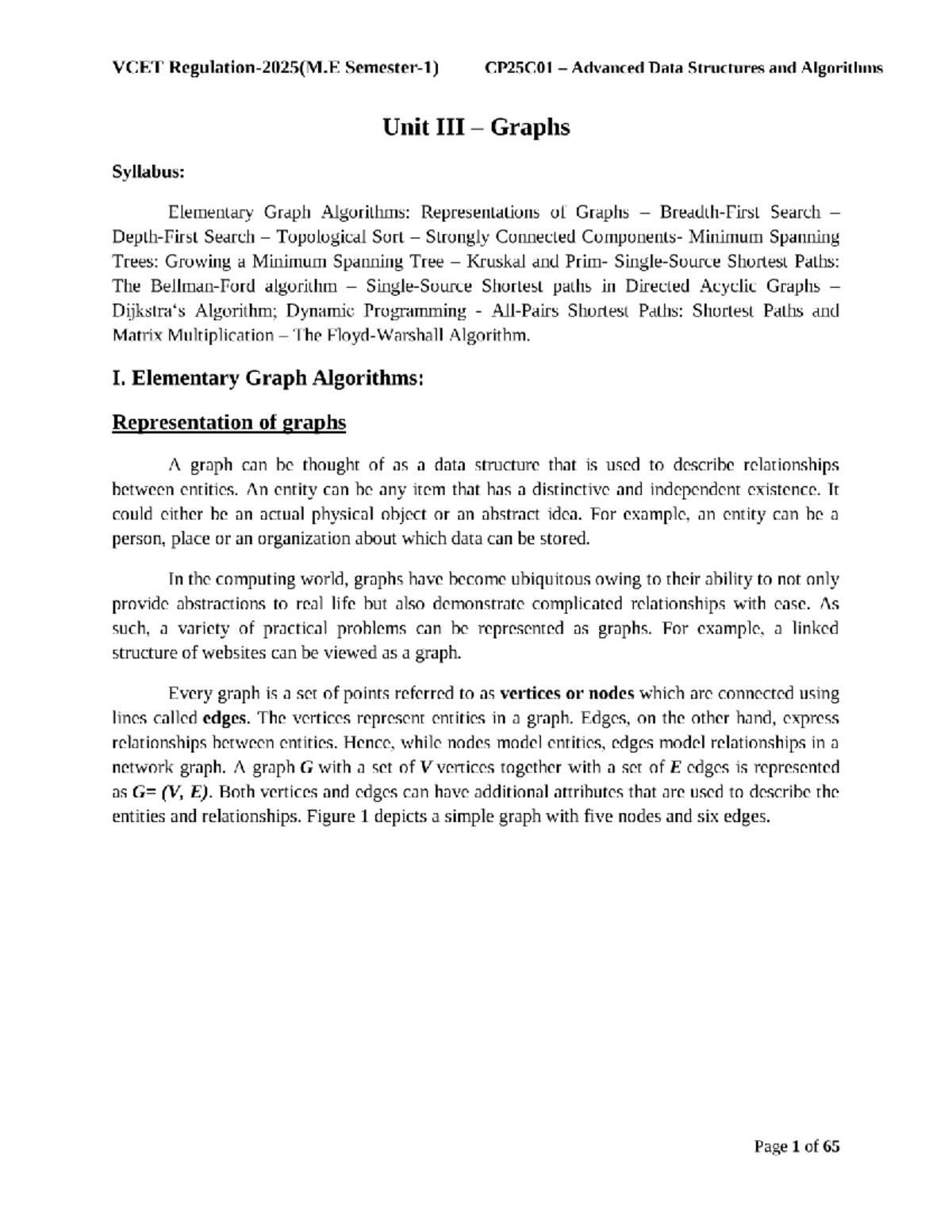 VCET CP25C01 Advanced Data Structures and Algorithms Unit III - Graphs ...