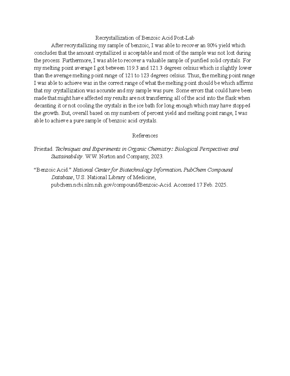 Chem 232 Lab Report #1 - Recrystallization of Benzoic Acid Results ...