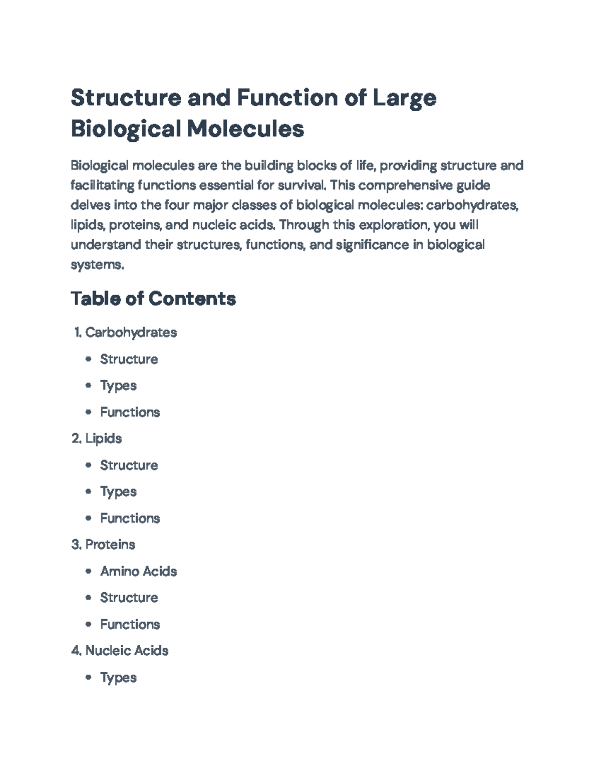 Title: Structure and Function of Large Biological Molecules (BIO 101 ...