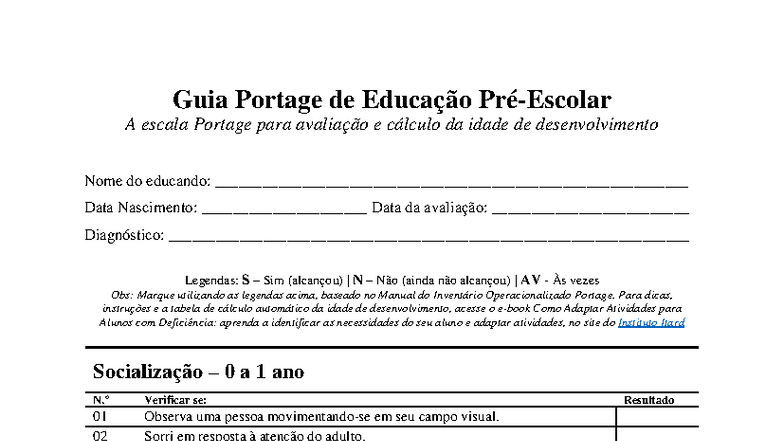Guia Portage: Avaliação e Cálculo da Idade de Desenvolvimento - Studocu