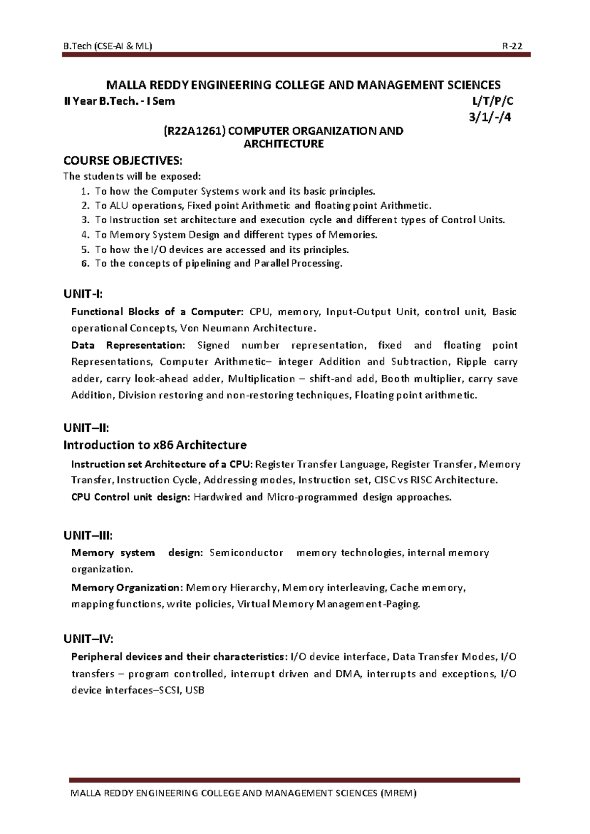 R22 II I Computer Organization and Architecture Course Overview - Studocu
