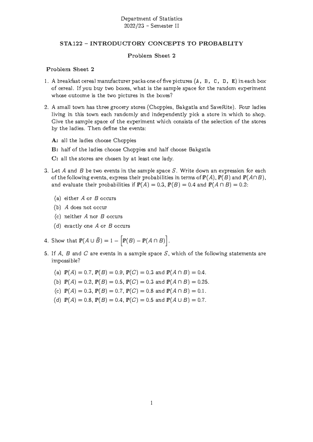 2. STA 122 Problem Sheet 2: Probability Concepts and Sample Spaces ...