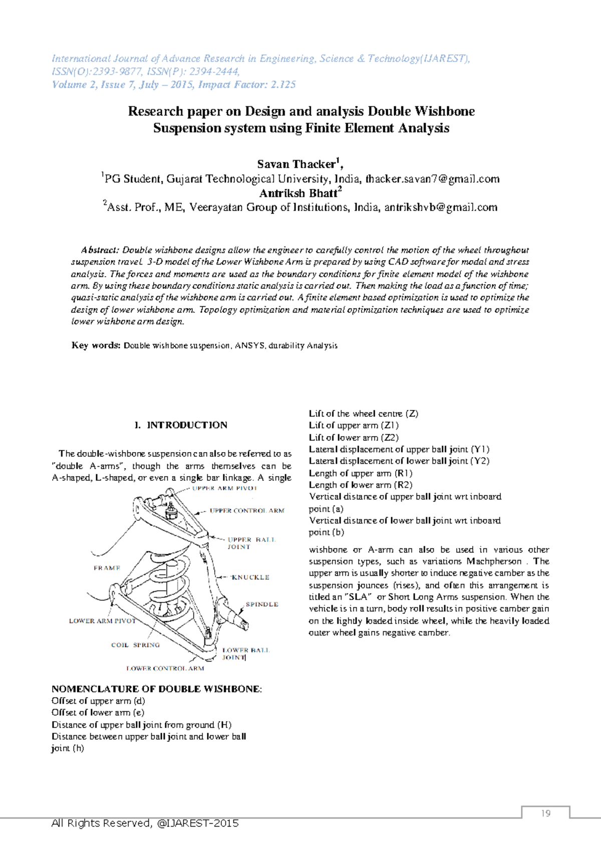 Design and Analysis of Double Wishbone Suspension System Using FEA ...