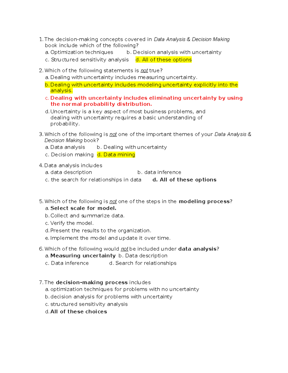 Midterm Practice Questions for Data Analysis Decision Making (DADM ...