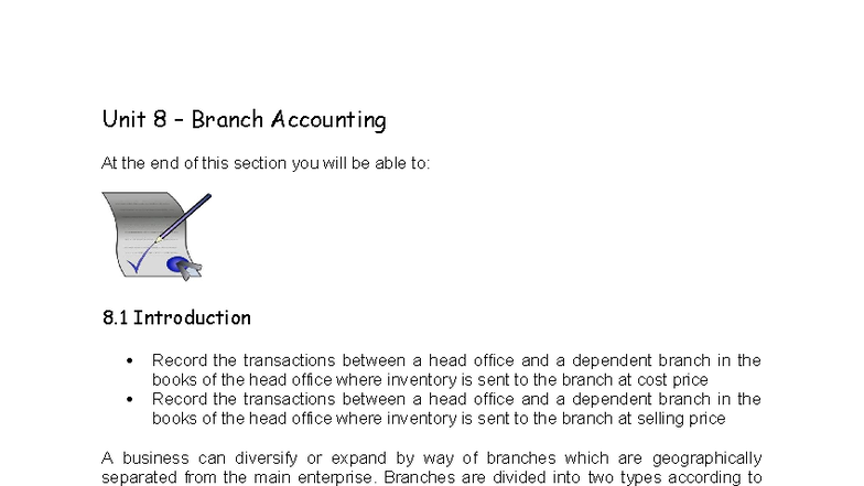 Unit 8: Branch Accounting Notes on Dependent Branches - Studocu