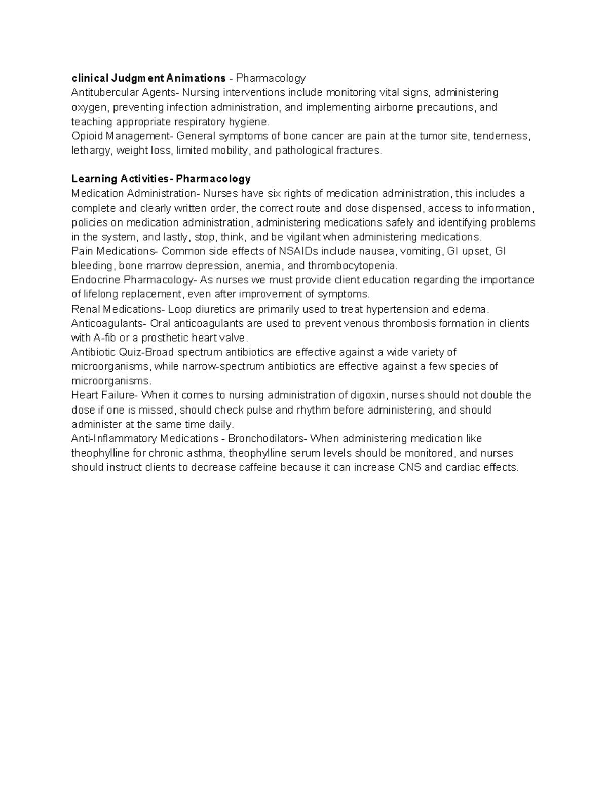 Pharmacology Remediation: Key Nursing Interventions & Medications - Studocu