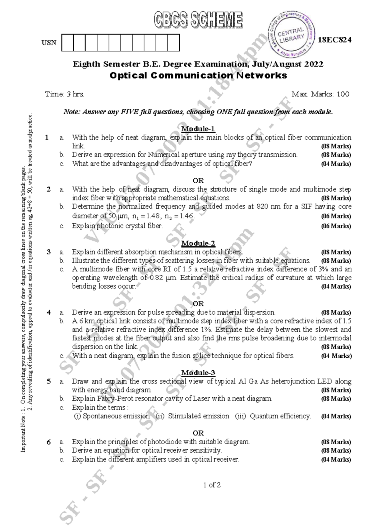 18EC824 Final Exam Questions on Optical Communication Networks - Studocu