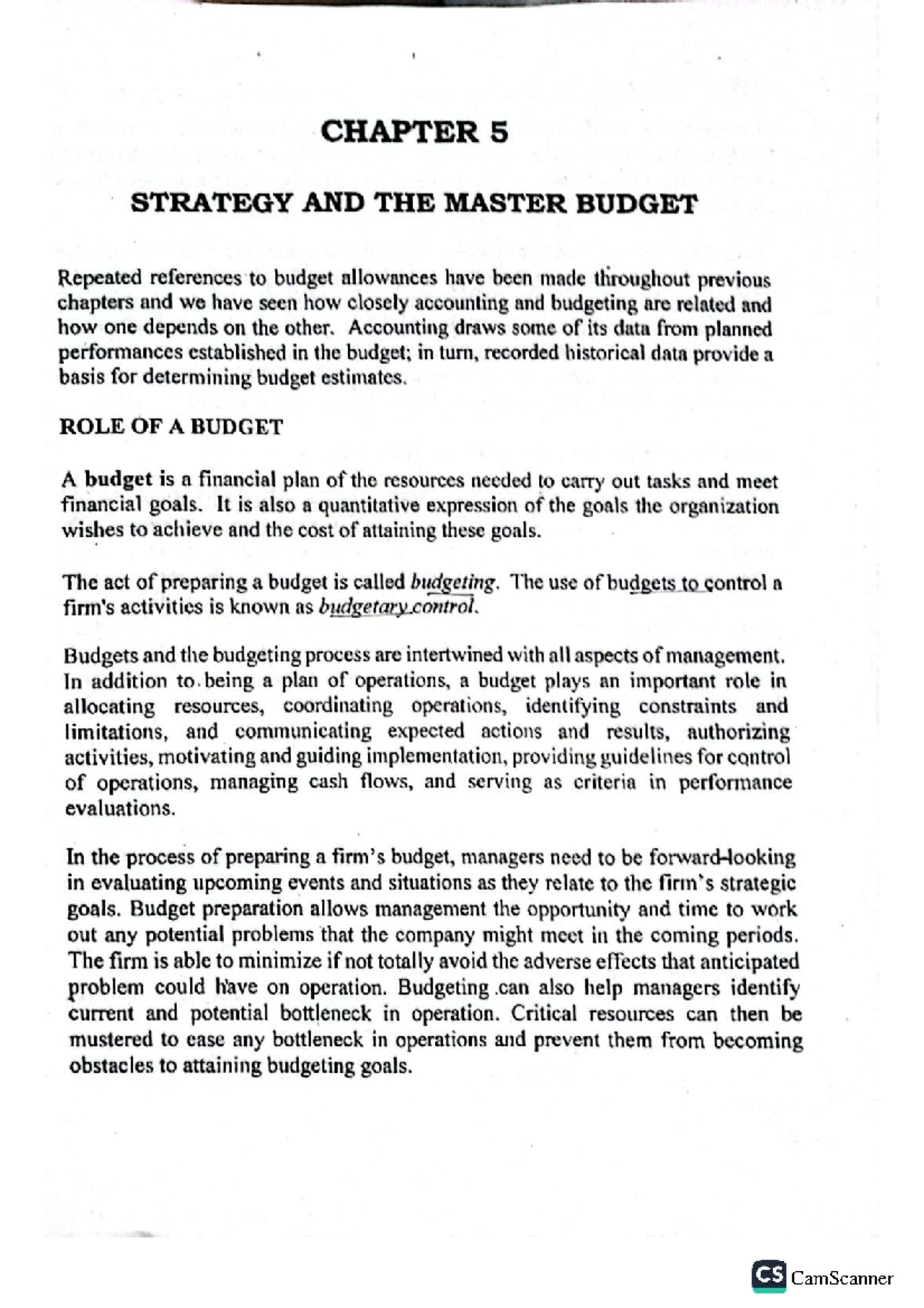 CS 100 Chapter 5: Strategy and the Master Budget Overview - Studocu