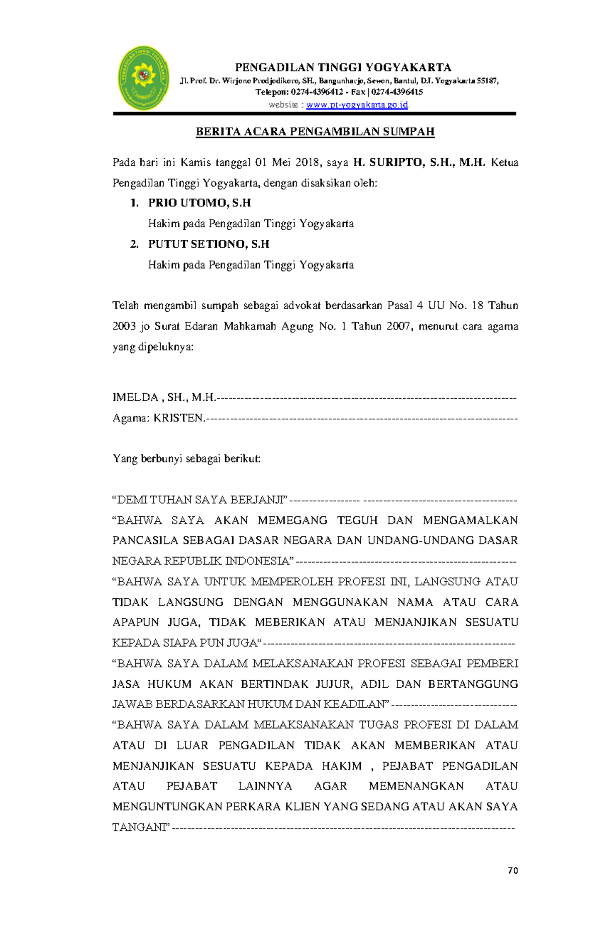 Berita Acara Pengambilan Sumpah Advokat KHP di Yogyakarta - Document Preview