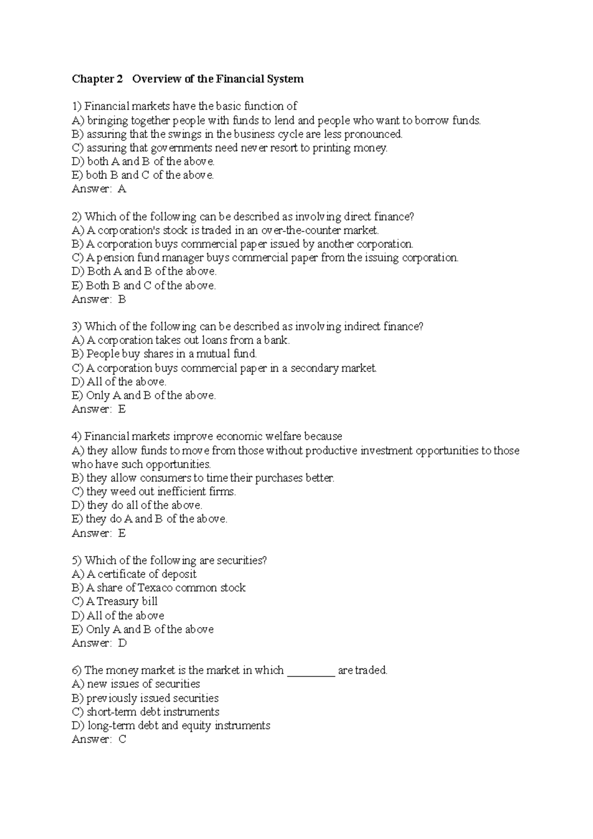 Sample Questions - Chapter 2 Overview of the Financial System 1 ...