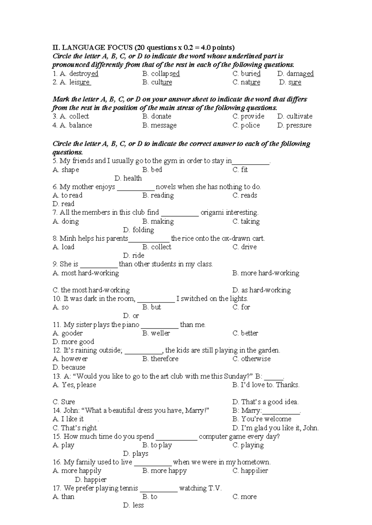 BT ÔN GKI BS - Language Focus Practice Questions - Studocu