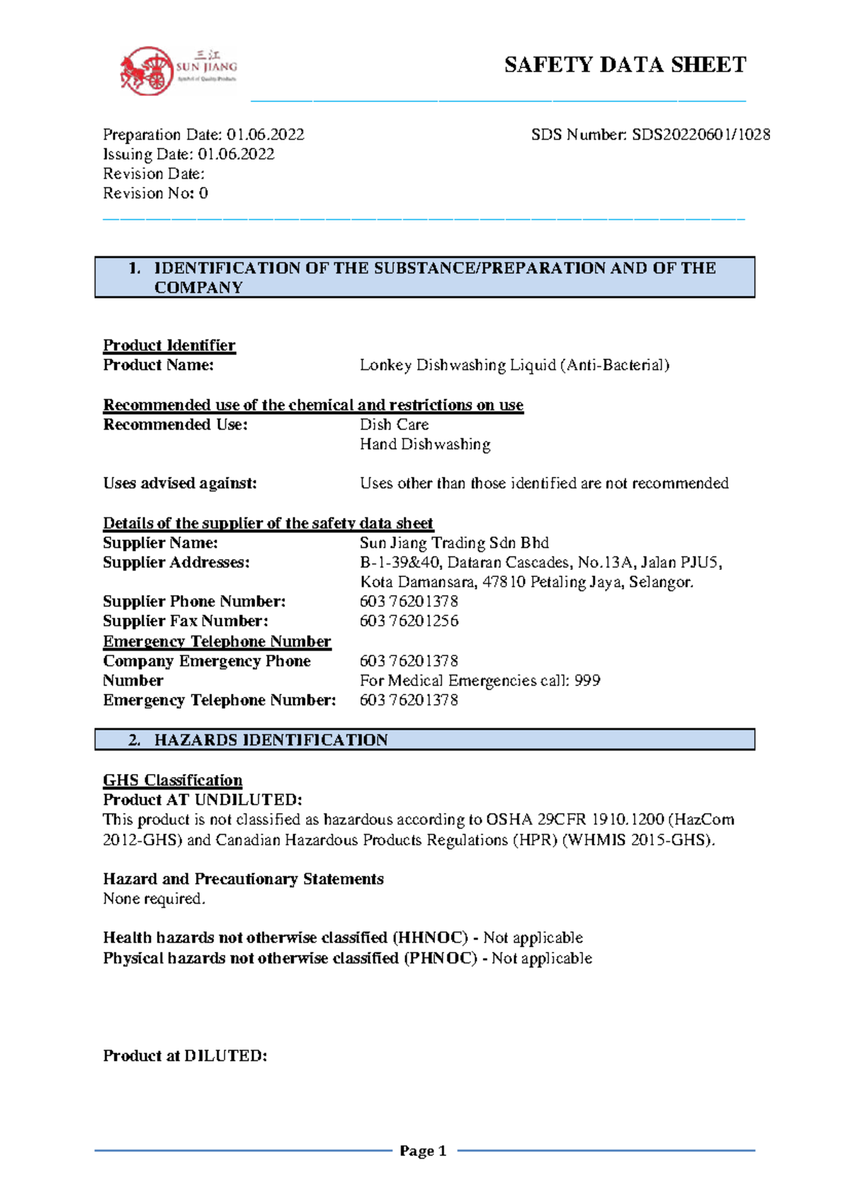 SDS1028 Lonkey Dishwashing Liquid Safety Data Sheet - Document Preview