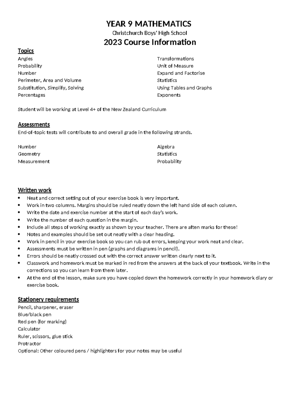 2023 - 9MTH - Christchurch High School Mathematics Course Outline - Studocu