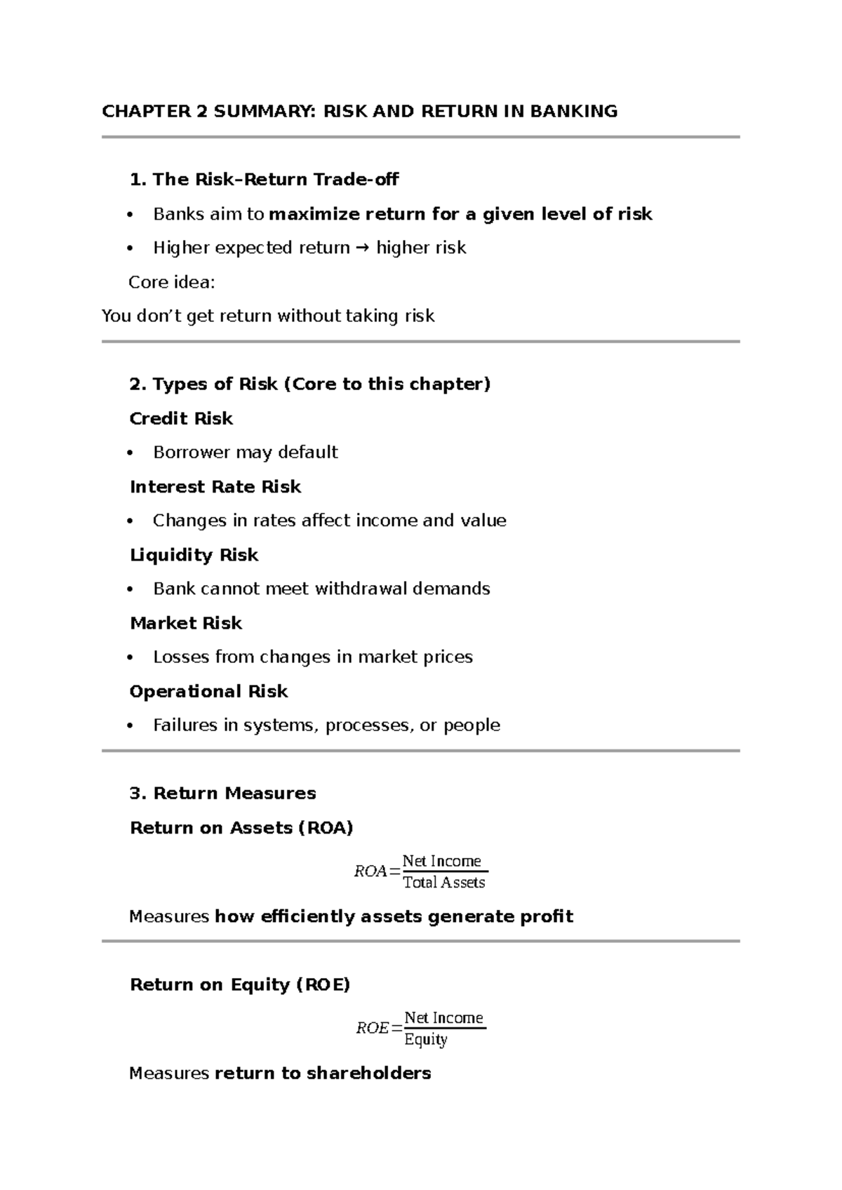 CHAPTER 2 SUMMARY: RISK AND RETURN IN BANKING (FIN 101) - Studocu