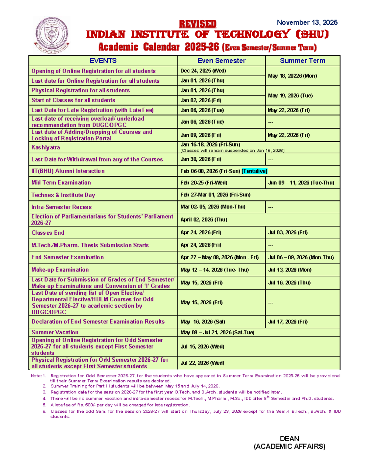 IIT(BHU) Even Semester Calendar 2025-26: Key Dates & Events - Studocu