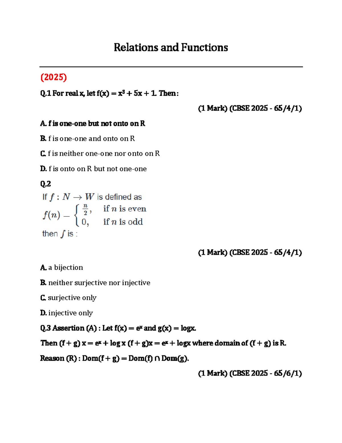 Unit-1: Relations & Functions - CBSE 2025 Exam Questions - Studocu