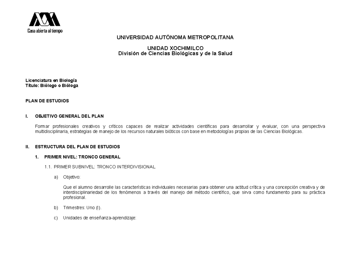 Plan De Estudios Biologia Uam Xochimilco