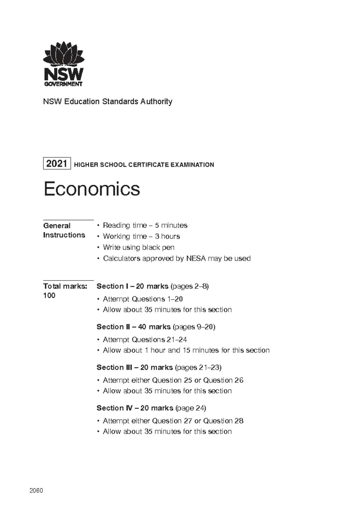 2021 HSC Economics Exam Instructions and Questions - Studocu