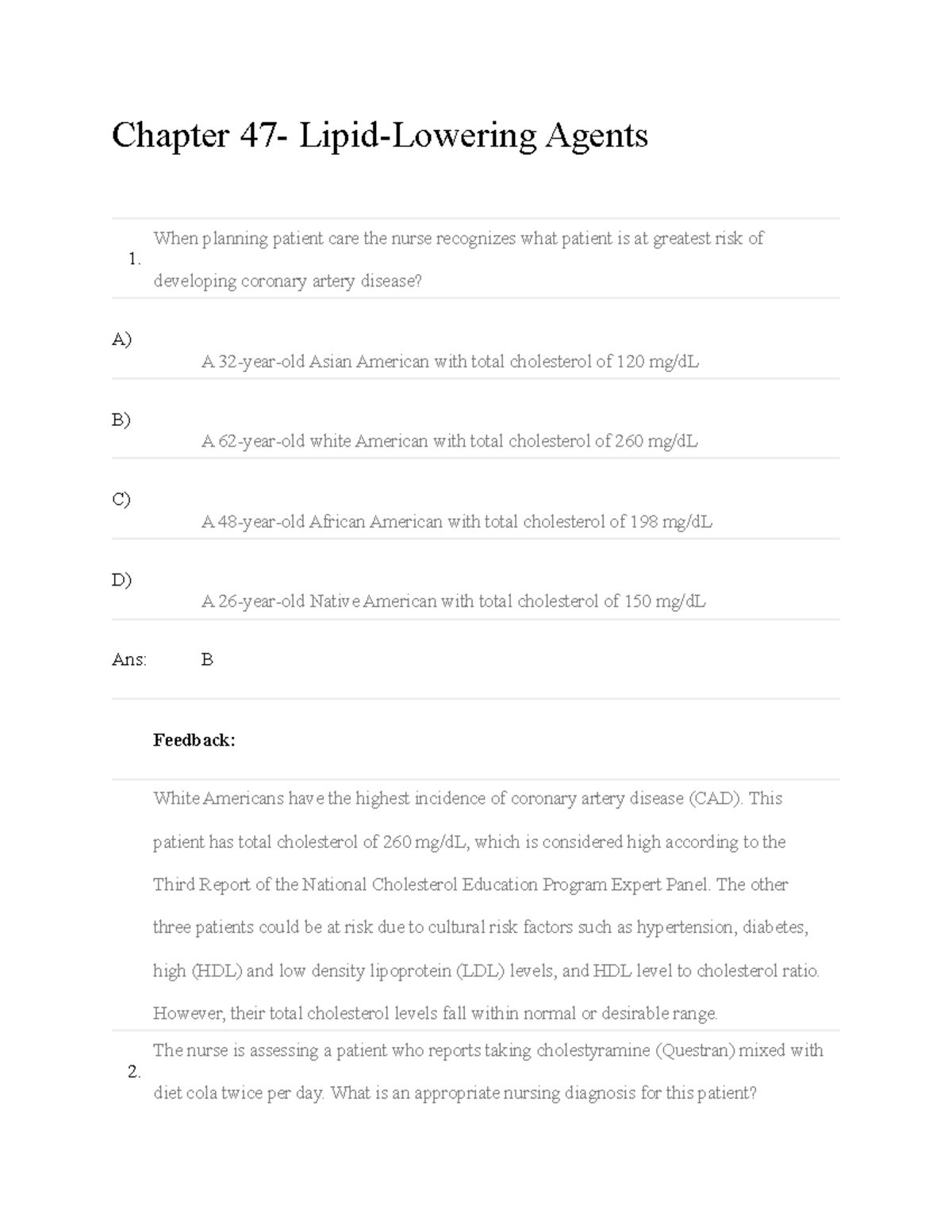Ch47 - Test Bank for Focus on Nursing Pharmacology 6e: Cardiovascular Agents - Document Preview
