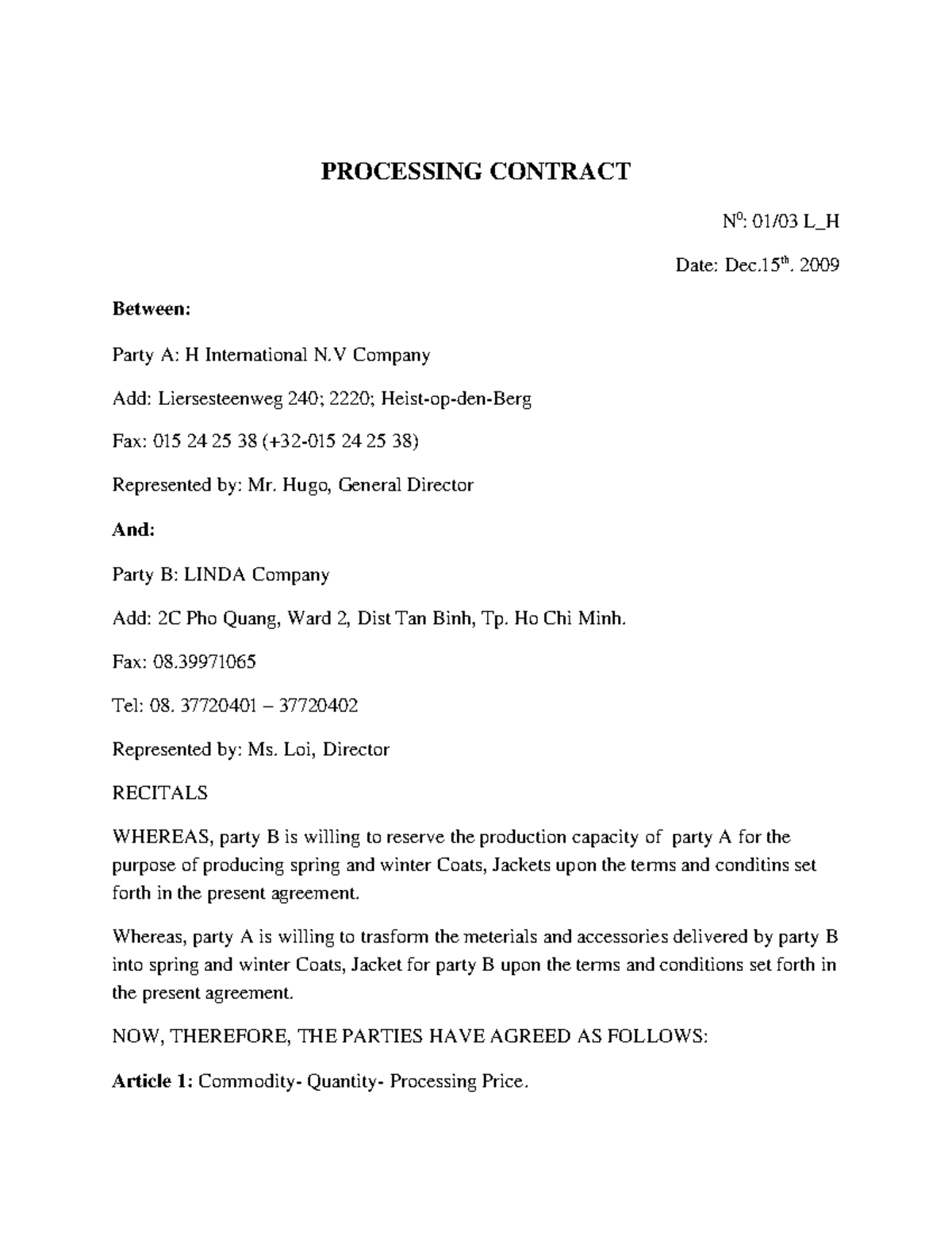 Processing Contract N0: 01/03 L_H Agreement Between H International ...