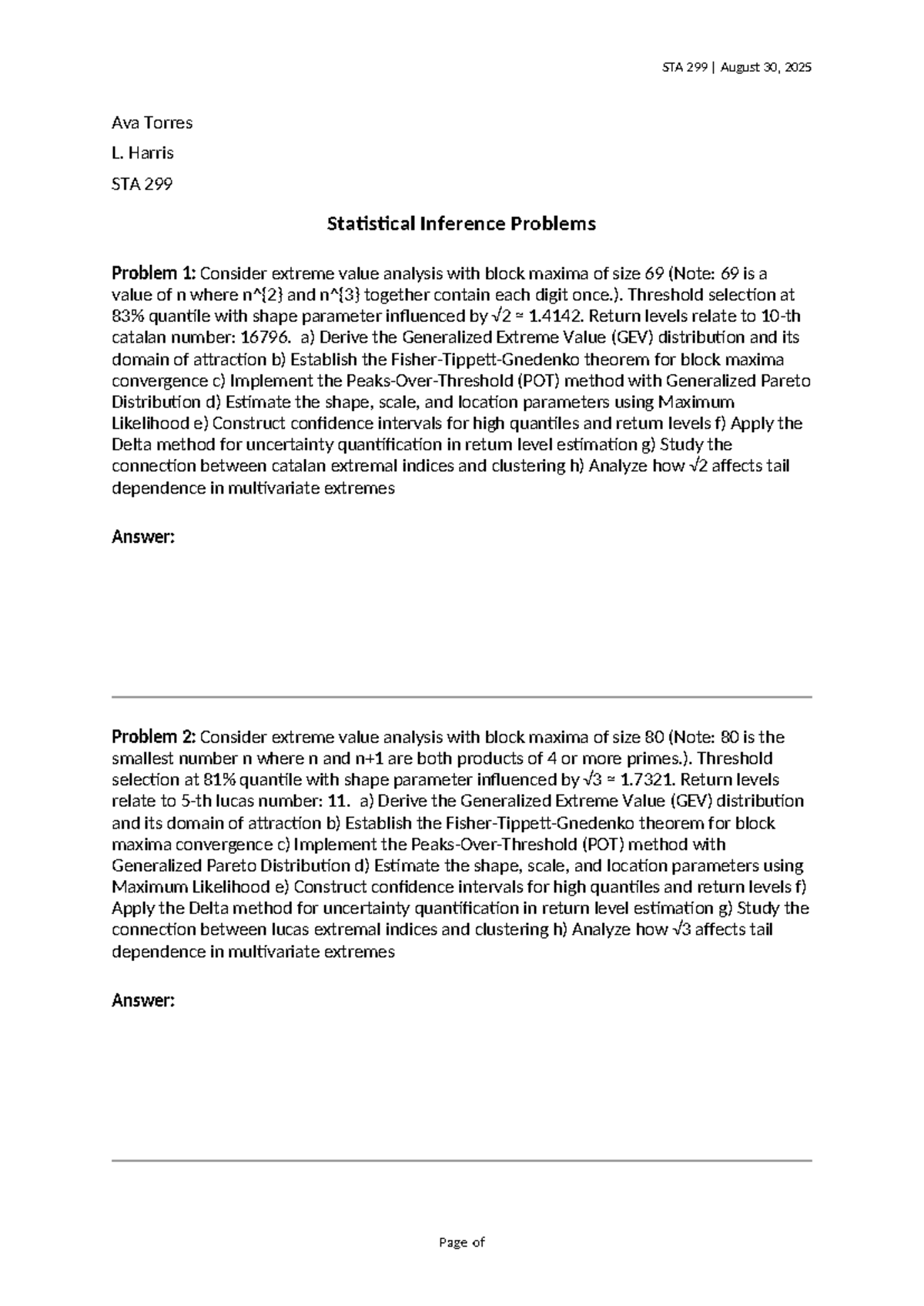 STA 299 Statistical Inference Problems and Solutions - Studocu