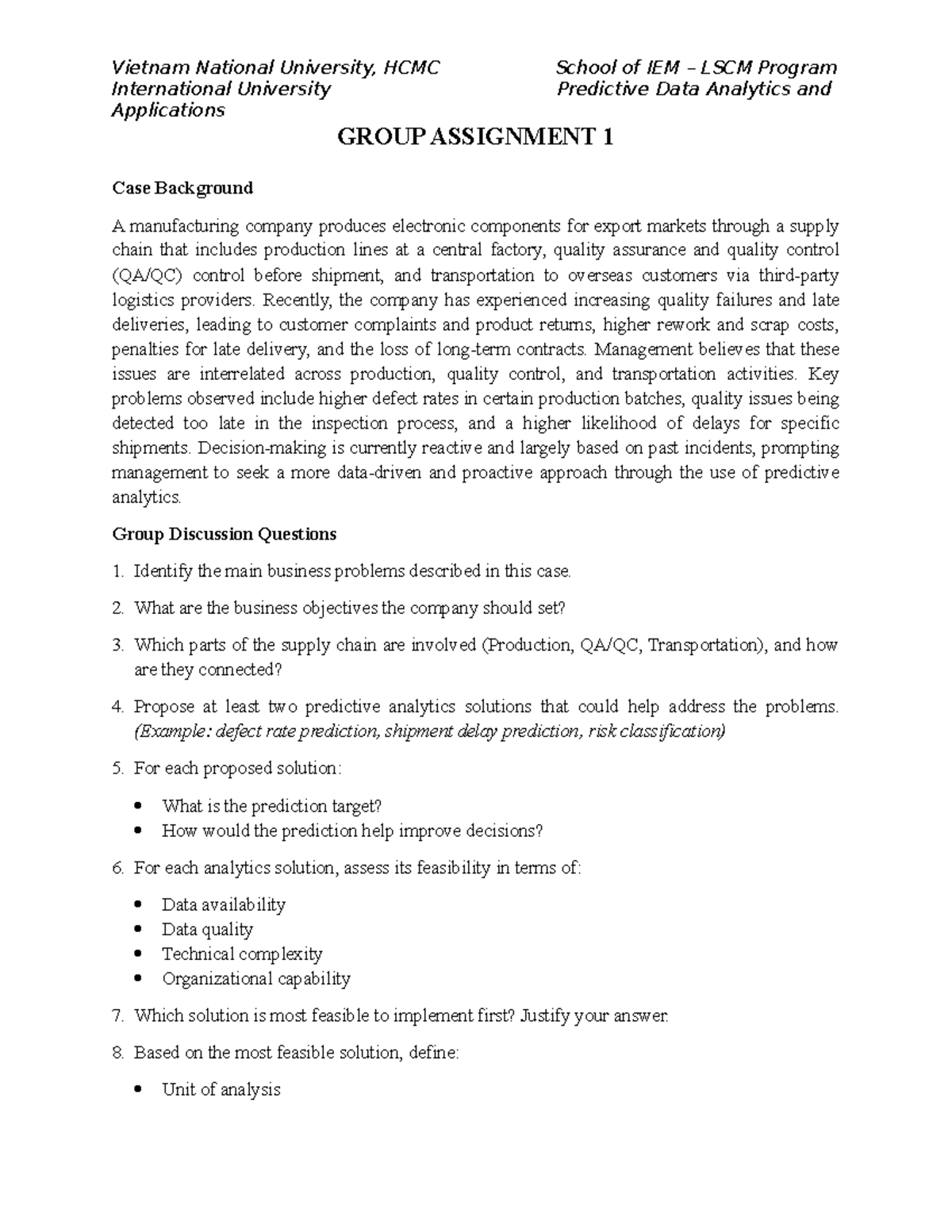 2526 PDA Group Assignment 1: Predictive Analytics in Supply Chain ...
