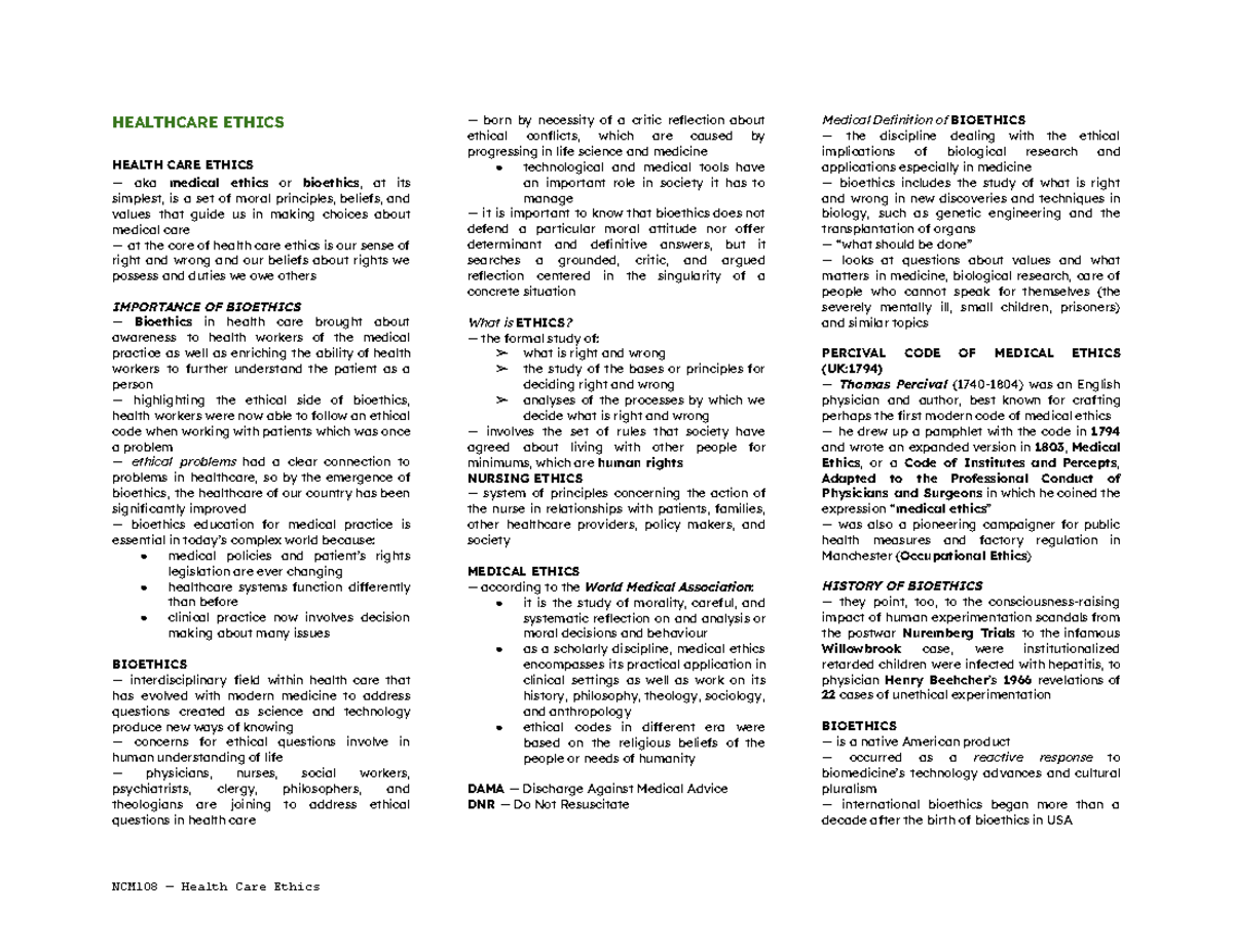 Health Care Ethics - BSN2 Lecture Notes on Bioethics Principles - Studocu