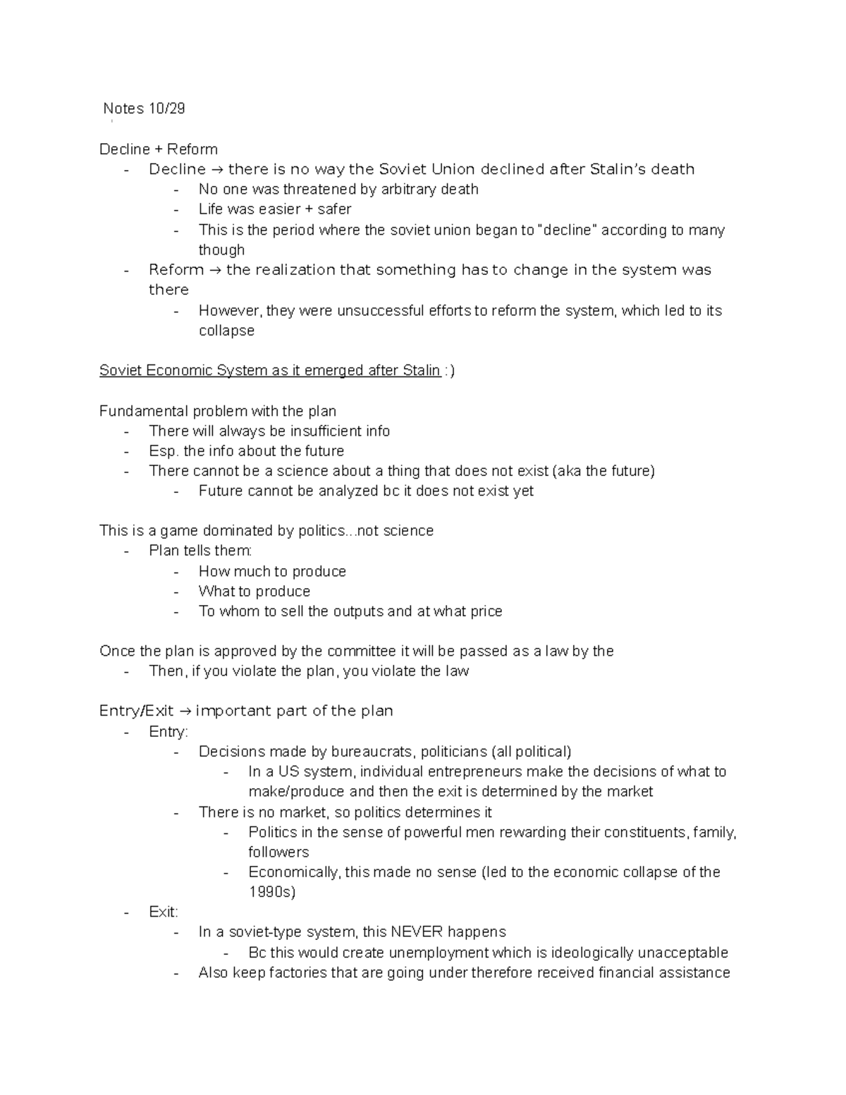 Soviet Economic System Post-Stalin: Notes and Analysis (Notes 10/29 ...