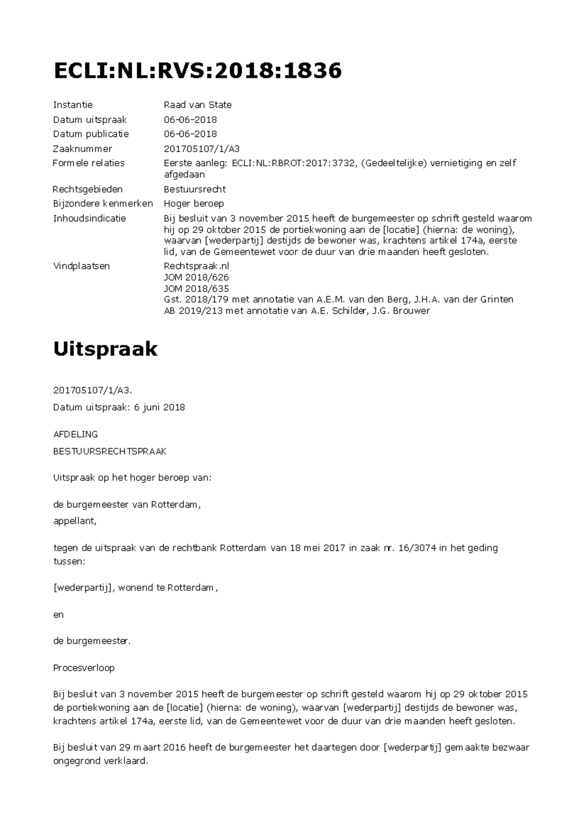 ECLI NL RVS 2018 1836 - Hoger Beroep Sluiting Woning na Brand - Studeersnel