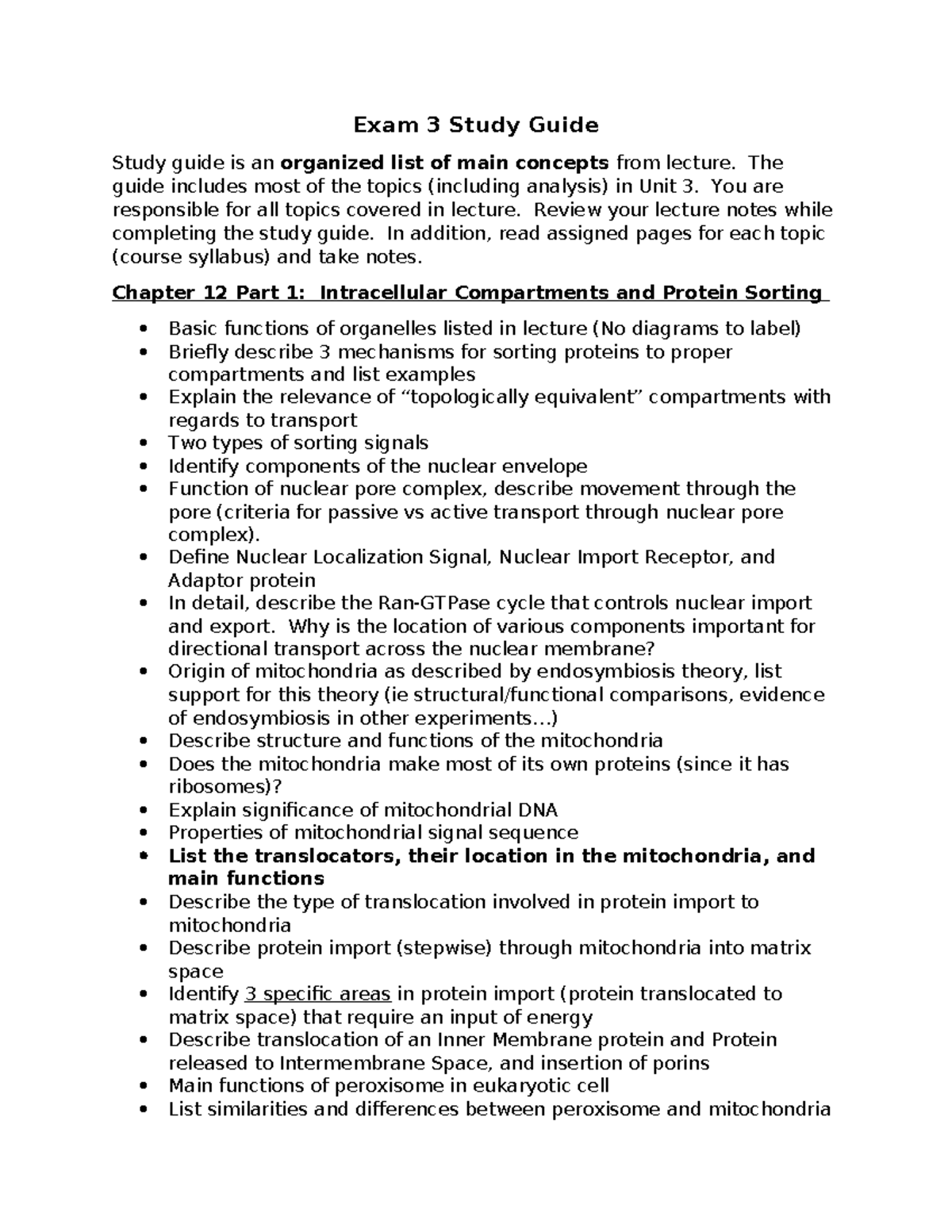 Exam 3 Study Guide: Intracellular Compartments & Protein Sorting FA24 ...